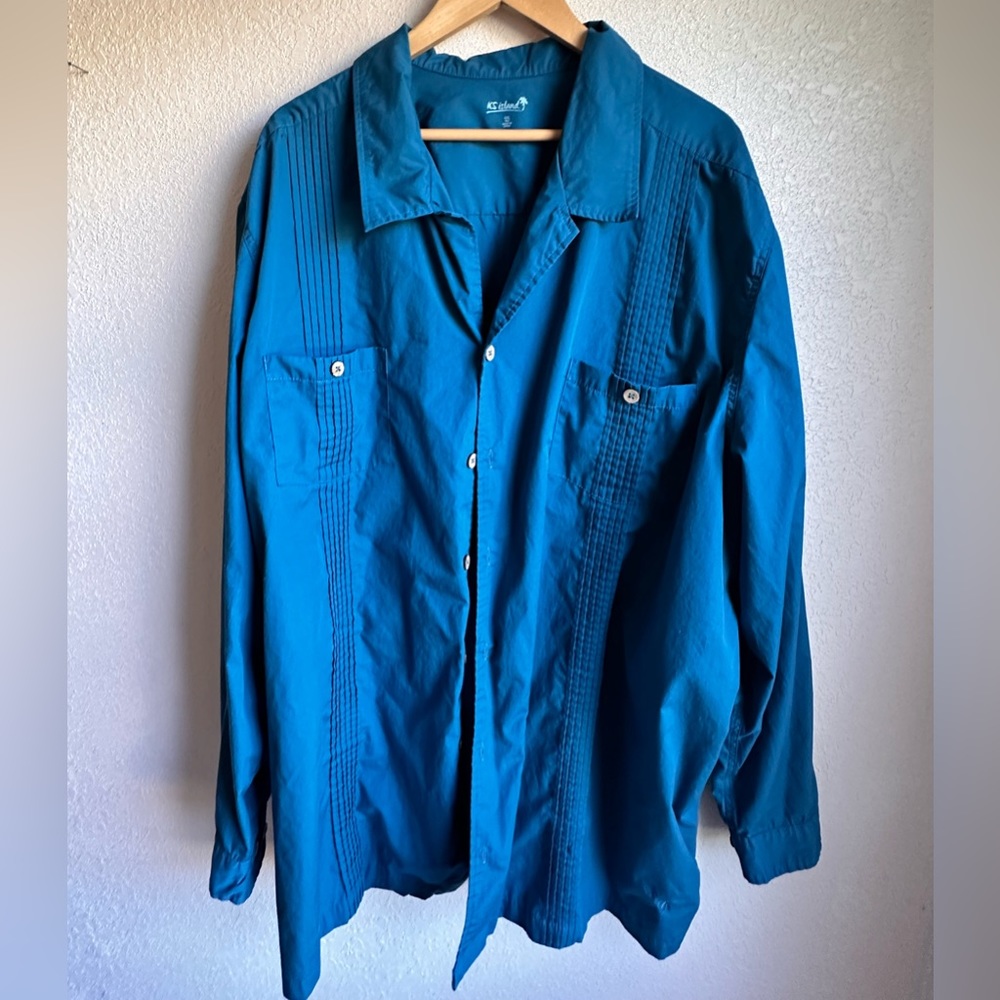 Ks Island Blue Short Sleeve Solid Button Down Shirt Adult Size 4XL Big And Tall